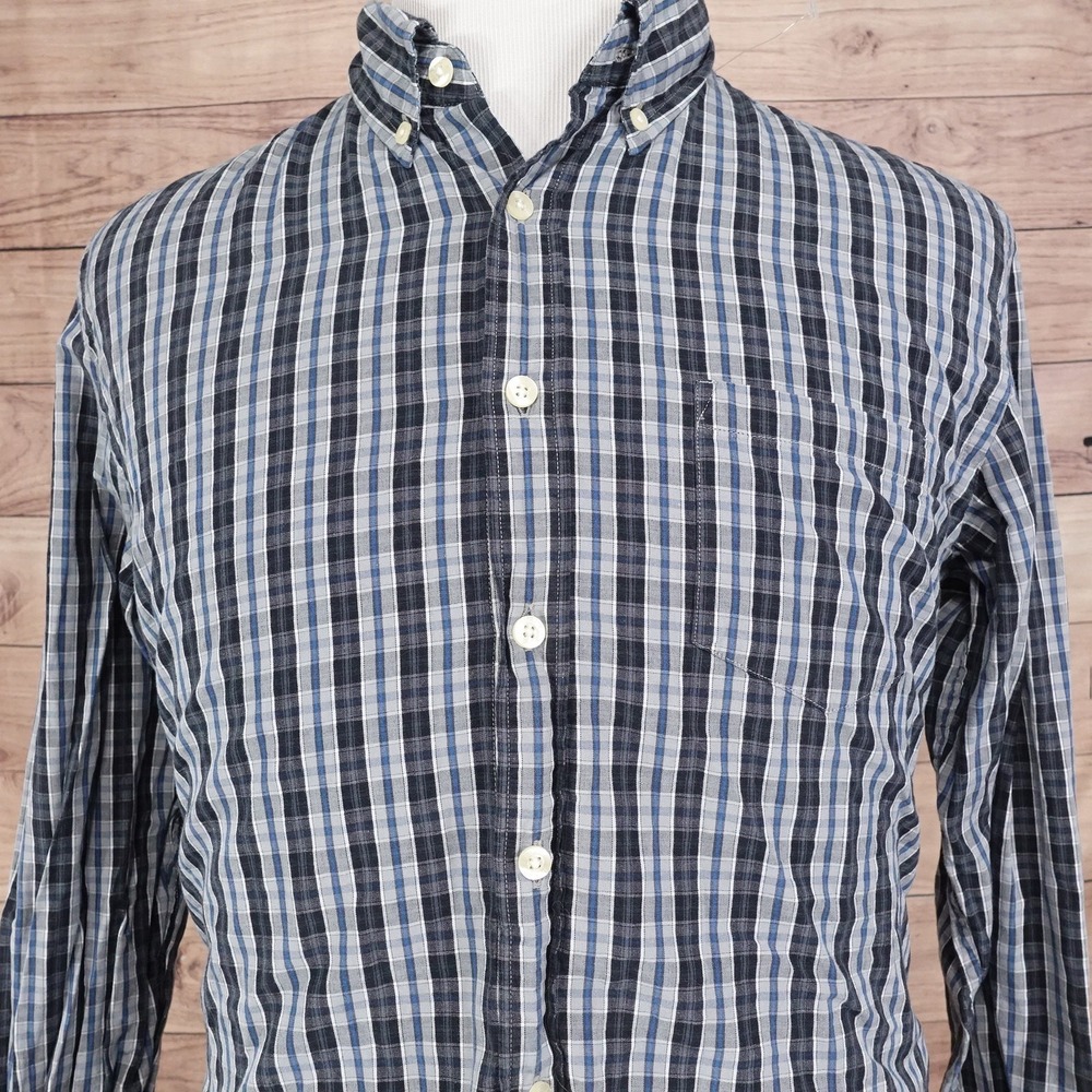 J Crew Shirt‎ Mens Large Blue Plaid Button Down Tailored Fit Washed Cotton -25